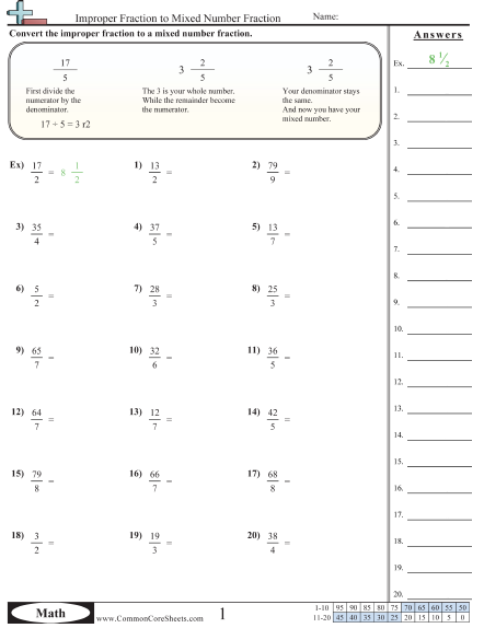 Fraction Worksheets - Improper to Mixed Number worksheet